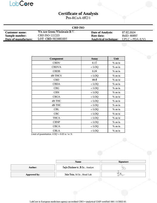 coa isolat cbd analyse